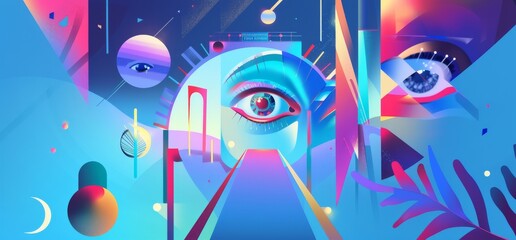 An eye framed by cosmic objects and vibrant tones, reflecting a surreal and otherworldly scene