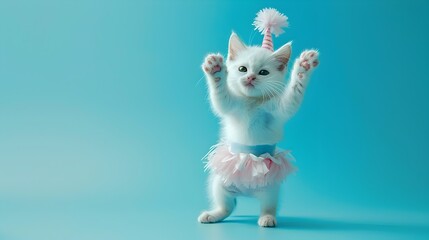 Enthusiastic White Cat Cheerleader Jumps with Pom Poms on Vivid Blue Studio Background  with copy space for text