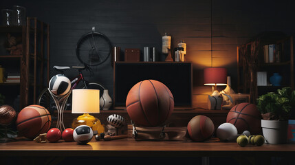 Eclectic Sports Memorabilia and Bookshelf Display. Generative AI