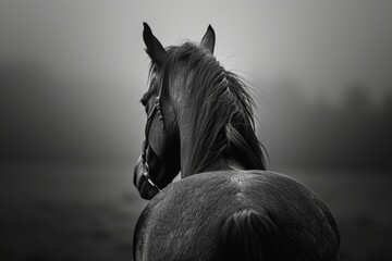 A black and white horse standing in a field, looking at the camera with a strong and powerful presence - obrazy, fototapety, plakaty