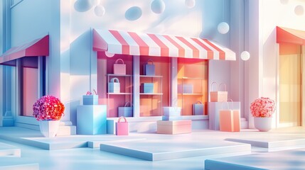 3D rendering of a colorful shopping street with various stores