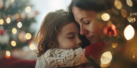 Mother and daughter hugging in front of a Christmas tree