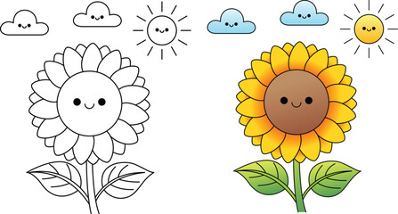 Cute sunflower with happy face cartoon character coloring page vector illustration.
