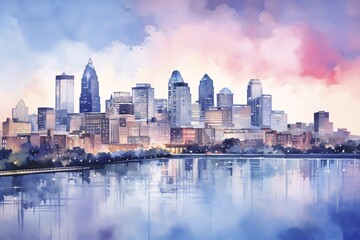 Obraz premium Watercolor city skyline at twilight, blended cool tones, panoramic view