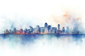 Watercolor city skyline at twilight, blended cool tones, panoramic view