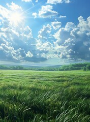 Obraz premium Green grassy field with white clouds and blue sky