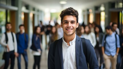 Fototapeta premium Confident male college student in university hallway