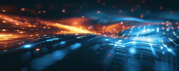 Obraz premium Digital abstract backdround for technological operations, neural networks, AI, data transmission and encryption, digital archives, audio and visual representations, scientific research. Copy space