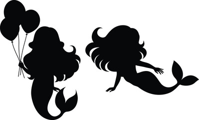 Set of silhouette of swimming mermaids vector illustration.
