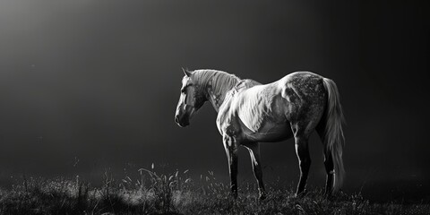 A white horse stands prominently on top of a lush grass-covered field under the clear sky