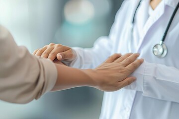 doctors hand reassuring female patient healthcare and compassion concept