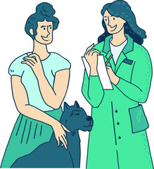 Woman with dog getting professional veterinarian advice. Woman with pet visiting veterinarian doctor.