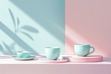 Three blue ceramic cups on pink and blue pastel background with leaf shadows