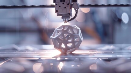 A close-up of a 3D printer building a complex geometric shape, demonstrating the intricate capabilities of additive manufacturing.