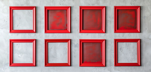 Six bold red frames on a pale grey wall, designed to pop in a contemporary art gallery