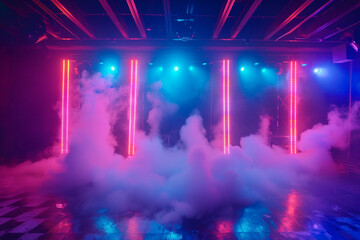 Smoke machine fog illuminated by neon lights on the dance floor.
