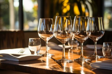 Elegant restaurant table setting with wine glasses
