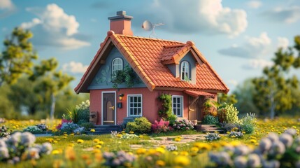 Small Cottage House Surrounded by Flowers and Greenery