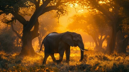 Naklejka premium Elephant walking in the savanna at sunset