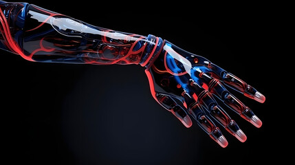 Cybernetic Prosthetics Interface with Red and Blue Robotic Limbs and Biometric Scans on Black Background