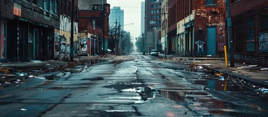 Desolate urban street backdrop with room for text.