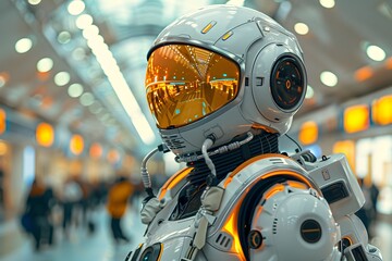 Fototapeta premium Futuristic Humanoid Robot Assisting Interstellar Travelers at a Bustling Spaceport with Pastel-Colored