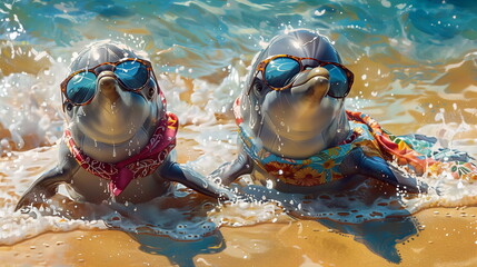 A pair of dolphins wearing sunglasses and sarongs, gracefully lounging on the shore as waves gently lap at the sand.