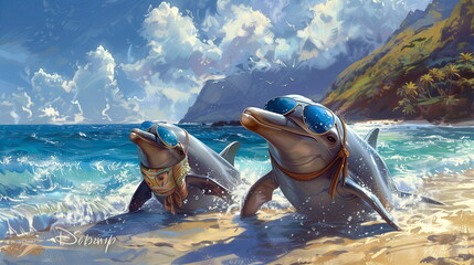 A pair of dolphins wearing sunglasses and sarongs, gracefully lounging on the shore as waves gently lap at the sand. - obrazy, fototapety, plakaty