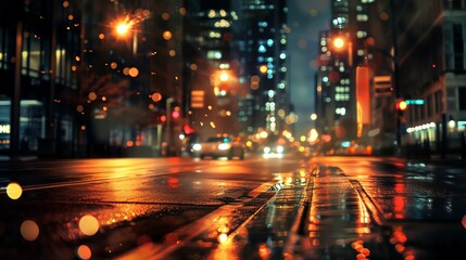 A dark and rainy city street with the lights of the cars and buildings reflecting off the wet pavement.