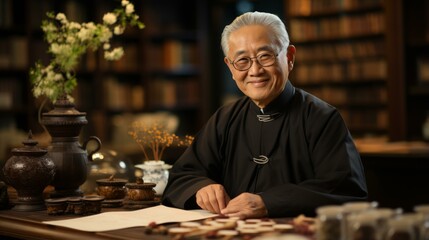 Portrait of a smiling elderly Chinese man in traditional clothing sitting at a desk in a library - Powered by Adobe