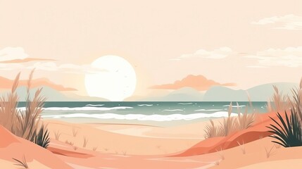 A beautiful minimalist landscape of a beach with a setting sun and light pink sky.