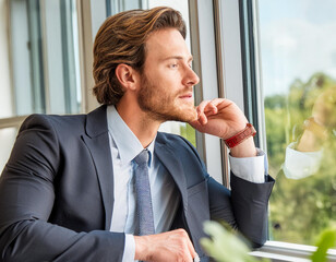 portrait man profile handsome businessman in modern office looking outside dreaming 