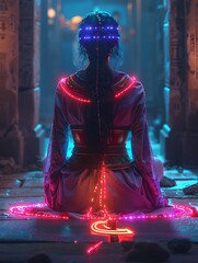 Mystical Priestess Performing Sacred Ritual in Neon Lit Futuristic Temple