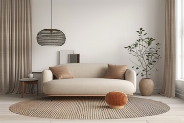 A living room featuring a white couch and a round rug, creating a modern and minimalist decor