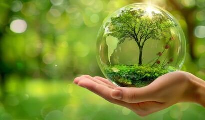 A hand holding a tree growing on a globe with a green background for the concepts of environmental protection and sustainability