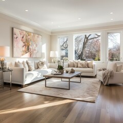 Fototapeta premium Bright living room with comfortable white sofas and chairs