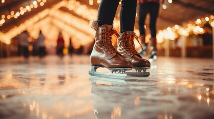 Two people with brown ice skates on an ice skating rink with blurred background
