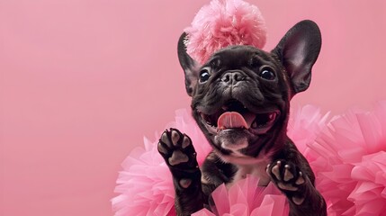 Cheerful French Bulldog Dressed in Cheerleader Costume on Pink Studio Background