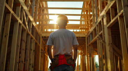 Fototapeta premium A construction worker wearing a hard hat stands in a large open space. The worker is looking up at the ceiling, possibly checking for any issues or problems