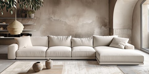 A living room featuring a large white couch as the focal point of the room, surrounded by various decor and furniture