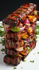 Succulent and tender beef tenderloin skewers with grilled vegetables