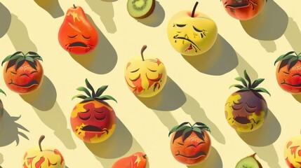 Colorful array of cartoon fruits with expressive faces on a light background