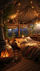 Cozy bedroom interior with fireplace and view of snowy mountains