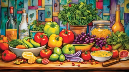 A colorful still life painting of a variety of fruits and vegetables