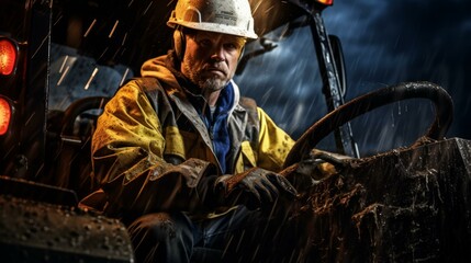 Obraz premium A construction worker operates a backhoe in the rain.