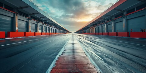 Empty pit lane of a Formula 1 race track with the garages on both sides