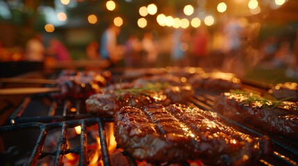 Delicious BBQ grilling with a lively party blurred in the background, evoking the spirit of backyard gatherings.