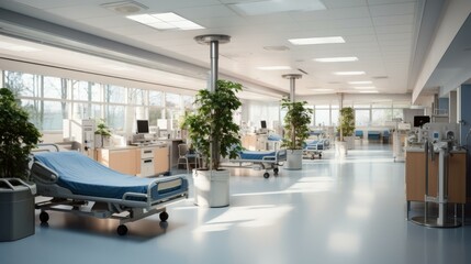 An illustration of a hospital room with empty beds and medical equipment