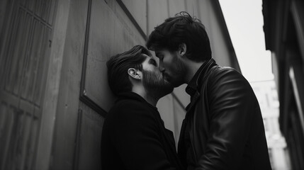 A monochrome image of two men kissing against an urban backdrop.