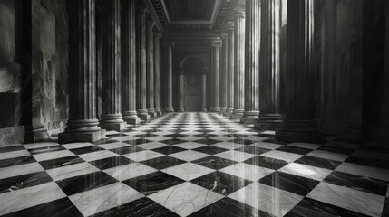 Black and white photo of a long hallway with columns - Powered by Adobe